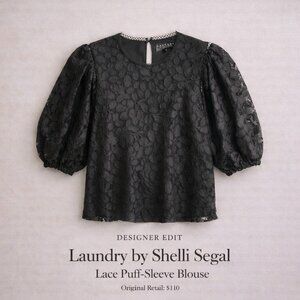 Laundry by Shelli Segal Black Lace Puff Sleeve Blouse Size M